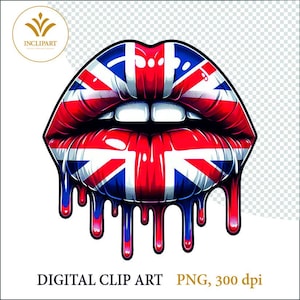 Labios goteando, bandera británica del Reino Unido, Union Jack, archivo PNG, clip art de sublimación, descarga digital imprimible. Clip art de labios goteando, 1 archivo PNG.