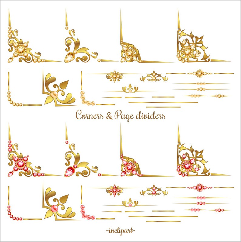 Instant download PNG diamond Business use Set of 30 various decorative elements in gold Gold Corner Page Divider Clipart ruby clipart