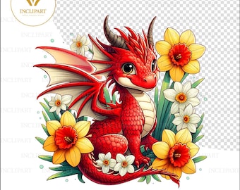 Cute Welsh Dragon and daffodils, PNG file, sublimation clip art, printable  digital download. Red dragon and flowers clip art, 1 PNG file.