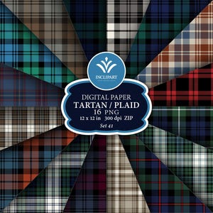 Può includere: Una collezione di 16 design di carta digitale tartan e plaid. Ogni design presenta un motivo unico con varie combinazioni di colori, tra cui rosso, verde, blu e marrone. I design misurano 30,48 cm x 30,48 cm e sono in formato PNG.