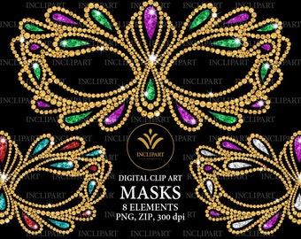 Carnival Masks, rhinestone masks PNG file format digital clipart. Diamond masks, Mardi Gras clip art. Instant download in PNG. Business use