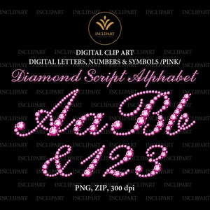 Escrita do alfabeto de diamante. Digital PNG Letras, números e símbolos Clip Art. Gema de brilho rosa, clipart de letras de strass. Download instantâneo.