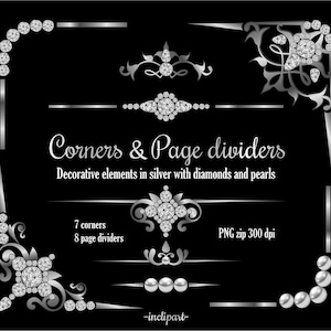 May include: Silver corners and page dividers with diamond and pearl accents.  The design features ornate swirls and a black background.  Corners & Page dividers. Decorative elements in silver with diamonds and pearls. 7 corners. 8 page dividers. PNG zip 300 dpi. -inclipart-
