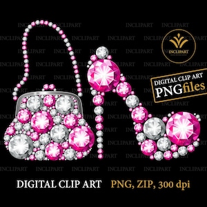 Diamond hoge hak schoen, portemonnee digitale clipart PNG-bestandsindeling. Roze en witte diamant, strass clipart. Dames feest clipart. Sublimatie