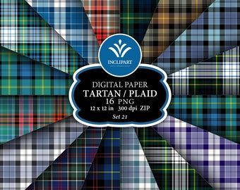 May include: A set of 16 digital paper patterns featuring various tartan and plaid designs in a variety of colors. The patterns are arranged in a circular pattern with the text "DIGITAL PAPER TARTAN/PLAID 16 PNG 12 x 12 in 300 dpi ZIP Set 21" in the center.