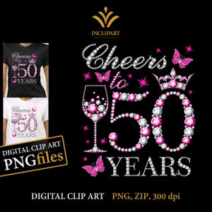 Proost op 50 jaar, digitale illustraties PNG, JPG-bestandsindelingen. Illustraties 50e verjaardag, doe-het-zelf, afdrukbare bestanden. Wijnglas, vlinder-png-bestanden.