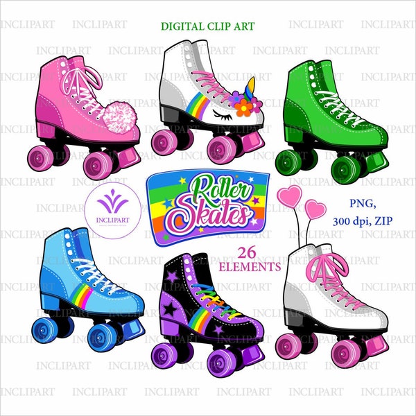 Patins à roulettes clipart. Clipart de fête. Roller skate coloré PNG. Filles Roller skate clipart. Imprimable Utilisation commerciale Fichiers numériques de téléchargement