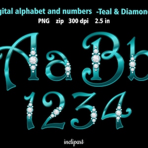 Alfabeto azulado y diamantes y números clip art. Letras, números, símbolos imágenes prediseñadas. Alfabeto de lámina turquesa. Descarga instantánea en formato PNG.