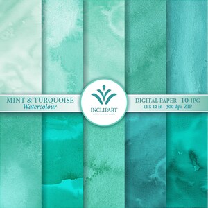Eau à la menthe et turquoise Aquarelle Digital Paper Clip Art. Ensemble de 10 fond d'aquarelle JPG / papiers numériques. publiable. Téléchargement instantané.