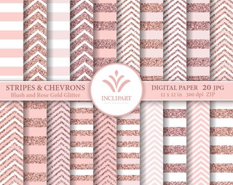 Blush and Rose Gold glitter Stripes and Chevrons digital paper. Pink Geometric background. Set of 20 JPG clipart. Printable Instant download