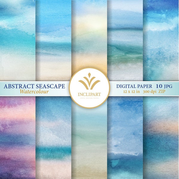 Abstract Seascape Watercolour Digital Paper Clip Art. Set of 10 JPG watercolor backgrounds / digital papers. Printable. Instant download.