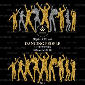 Dansen mensen clipart. Partij dansers silhouet clipart. Disco goud en zilver glitter glinsterende Clip Art. Digitale Download PNG.