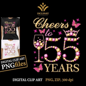 Proost op 55 jaar, digitale clipart-png-, jpg-bestandsindelingen. Illustraties 55e verjaardag, doe-het-zelf, afdrukbare bestanden. Wijnglas, vlinder-png-bestanden.