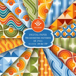 May include: A selection of 16 digital papers showcasing 70s geometric patterns. The designs use retro colour schemes and shapes, such as waves, arches, and circles. Each paper measures 30.48 cm x 30.48 cm.