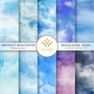 Astratto cielo nuvole acquerello digitale carta Clip Art. Set di 10 sfondi acquerello JPG / digitale documenti. Stampabile. Download immediato.