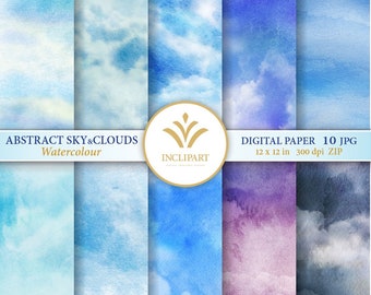 Abstract Sky Clouds Watercolour Digital Paper Clip Art. Set of 10 JPG watercolor backgrounds / digital papers. Printable. Instant download.