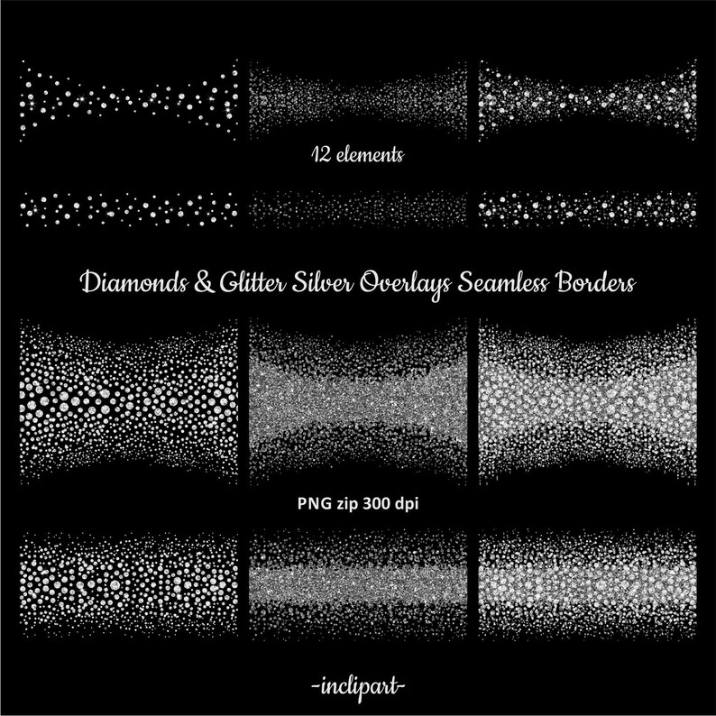May include: A set of 12 seamless borders featuring silver glitter and diamond patterns. The borders are perfect for adding a touch of sparkle to any design project. 12 elements. PNG zip 300 dpi. -inclipart-