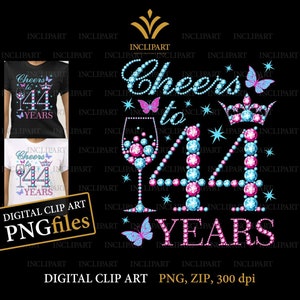 Proost op 44 jaar, digitale illustraties PNG, JPG-bestandsformaten. 44e verjaardag illustraties, DIY, afdrukbare bestanden. Wijnglas, vlinder png-bestanden.