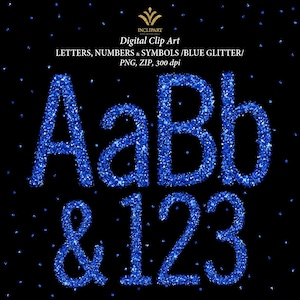 Blue glitter letters, numbers, symbols PNG files digital clip art. Glitter blue alphabet clipart. Instant download. Business use