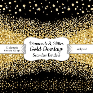 Gold Diamond Clipart. Seamless side border diamond & glitter clipart. Overlays clipart. Instant digital download. PNG format. Business use.