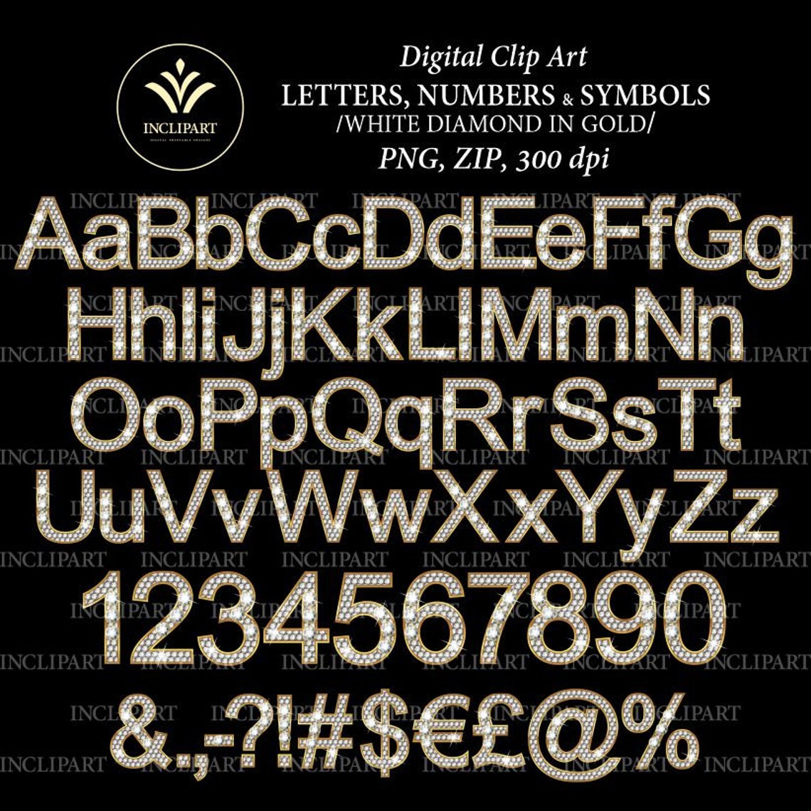 Diamond and gold alphabet and numbers digital PNG clipart. | Etsy