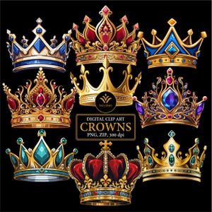 Op de afbeelding: Set van tien digitale clip art kronen in verschillende stijlen en kleuren. De kronen zijn versierd met juwelen en hebben een gouden afwerking. De kronen zijn perfect om een ​​toets van koninklijkheid aan uw ontwerpen toe te voegen.