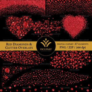 Red Diamonds and Glitter Overlay Digital Clipart. Loose ruby, glitter overlay, borders. Rhinestone sparkle heart shape clipart. PNG format.