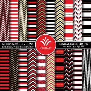 Könnte beinhalten: Digitales Papier mit Streifen- und Chevron-Mustern in Rot, Schwarz, Weiß und Goldglitter. Der Text lautet "STRIPES & CHEVRONS" und "DIGITAL PAPER 40 JPG 12 x 12 in 300 dpi ZIP". Jedes Blatt misst 30,48 cm x 30,48 cm.
