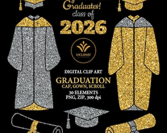 Graduation clip art. Cap, gown, scroll year clipart. Congratulations graduates clipart . Gold silver glitter clipart. Digital download PNG.