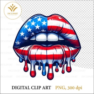 Goteo de labios, bandera estadounidense, patriótica de EE. UU., archivo PNG, clip art de sublimación, descarga digital imprimible. Imágenes prediseñadas de labios goteando, 1 archivo PNG.