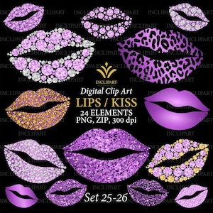Lippen, Kuss digitale Clipart PNG. Lila Glitzer & Diamant, rosa Leopard Lippen Clipart. Mode-Clipart. Party Clipart. Sofortiger Download