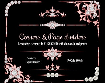 Rose Gold Corner, Page Divider Clipart. Set of 15 decorative elements in gold, diamond, pearl clipart. Instant download PNG. Business use