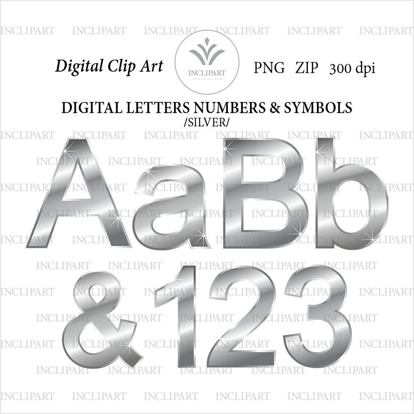 Silver Metallic Letters and Numbers Digital Clip Art in PNG - Etsy
