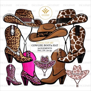 CowGirl, Cowboy Boot, Hut Clipart PNG Dateiformat. Leopard, Kuh Print, rosa, braun, Raute Western Clipart. Party Clipart. Sofortiger Download