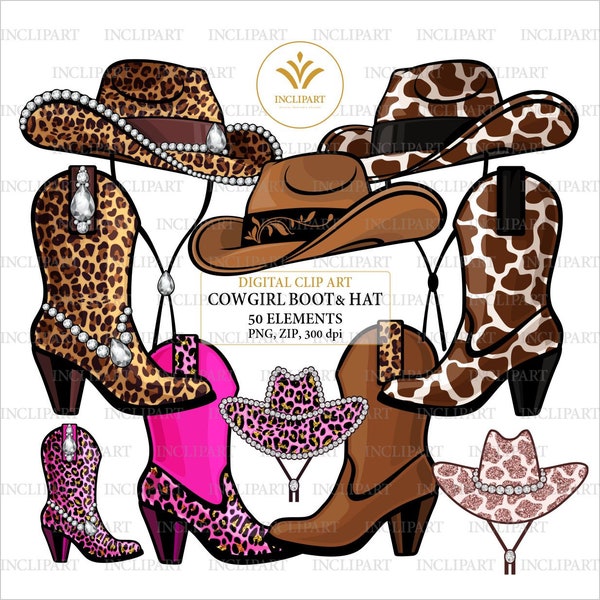 CowGirl, cowboy boot, hat clipart PNG file format. Leopard, cow print, pink, brown, diamond Western clipart. Party clipart. Instant download