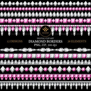 Diamant frontières clip art numérique PNG format. Strass, blanc cristal, rose, clignotant frontières clipart. Téléchargement numérique instantané. Utilisation commerciale