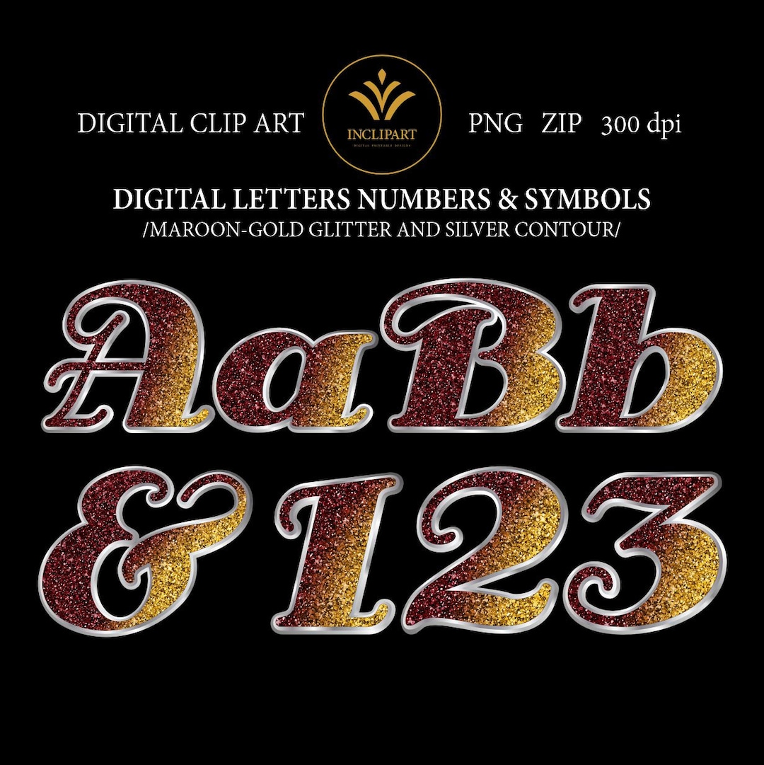 Glitter Alphabet Clipart. Letters and Numbers Digital Clip Art. Maroon ...