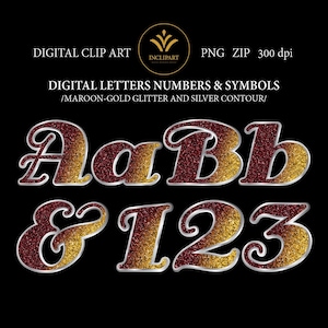 Clipart alphabet scintillant. Images clipart numériques de lettres et de chiffres. Paillettes bordeaux-or en alphabet argenté. Téléchargement instantané. Format de fichier PNG.
