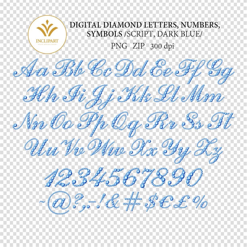 Daimond Cursive Script Diamond Alphabet Script. Digital PNG Letters, Numbers and Symbols Clip ...