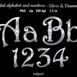 Alphabet clip art silver & diamonds. Letters, numbers,symbols clip art. Rhinestone and silver alphabet. Instant download in PNG format.