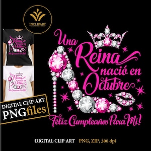 Una Reina nacio en Octubre / clipart numérique au format PNG. Image clipart fête d'anniversaire. Fête des dames, talon haut, clipart couronne. Téléchargement instantané.