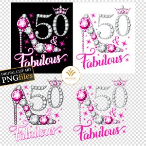 50 en fantastisch. 50e verjaardag digitale clipart PNG-indeling. Damesfeest, wit/zilveren en roze png-bestanden met hoge hak. Afdrukbare sublumatie. afbeelding 3