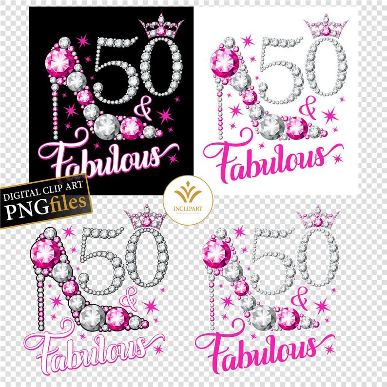 50 en fantastisch. 50e verjaardag digitale clipart PNG-indeling. Damesfeest, wit/zilveren en roze png-bestanden met hoge hak. Afdrukbare sublumatie. afbeelding 3