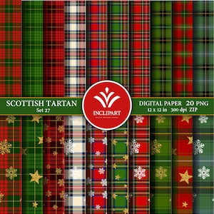 May include: Set of 20 digital paper designs featuring Scottish tartan patterns in red, green, and white with gold stars and white snowflakes. The digital papers are 12 inches by 12 inches and 300 dpi.