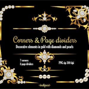Canto Dourado, Clipart Divisor de Página. Conjunto de 15 elementos decorativos diversos em clipart de ouro, diamante e pérola. Download instantâneo PNG. Uso comercial