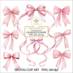 Può includere: Un set di dieci illustrazioni ad acquerello rosa di fiocchi con nastri. I fiocchi sono in vari stili e dimensioni. Il testo "DIGITAL CLIP ART WATERCOLOUR COQUETTE BOW PNG, ZIP, 300 dpi" è incluso nell'immagine.