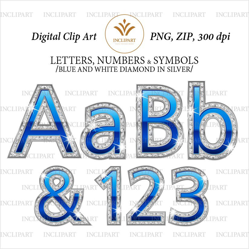 Blue Diamond and Silver Alphabet and Numbers PNG Clipart. - Etsy