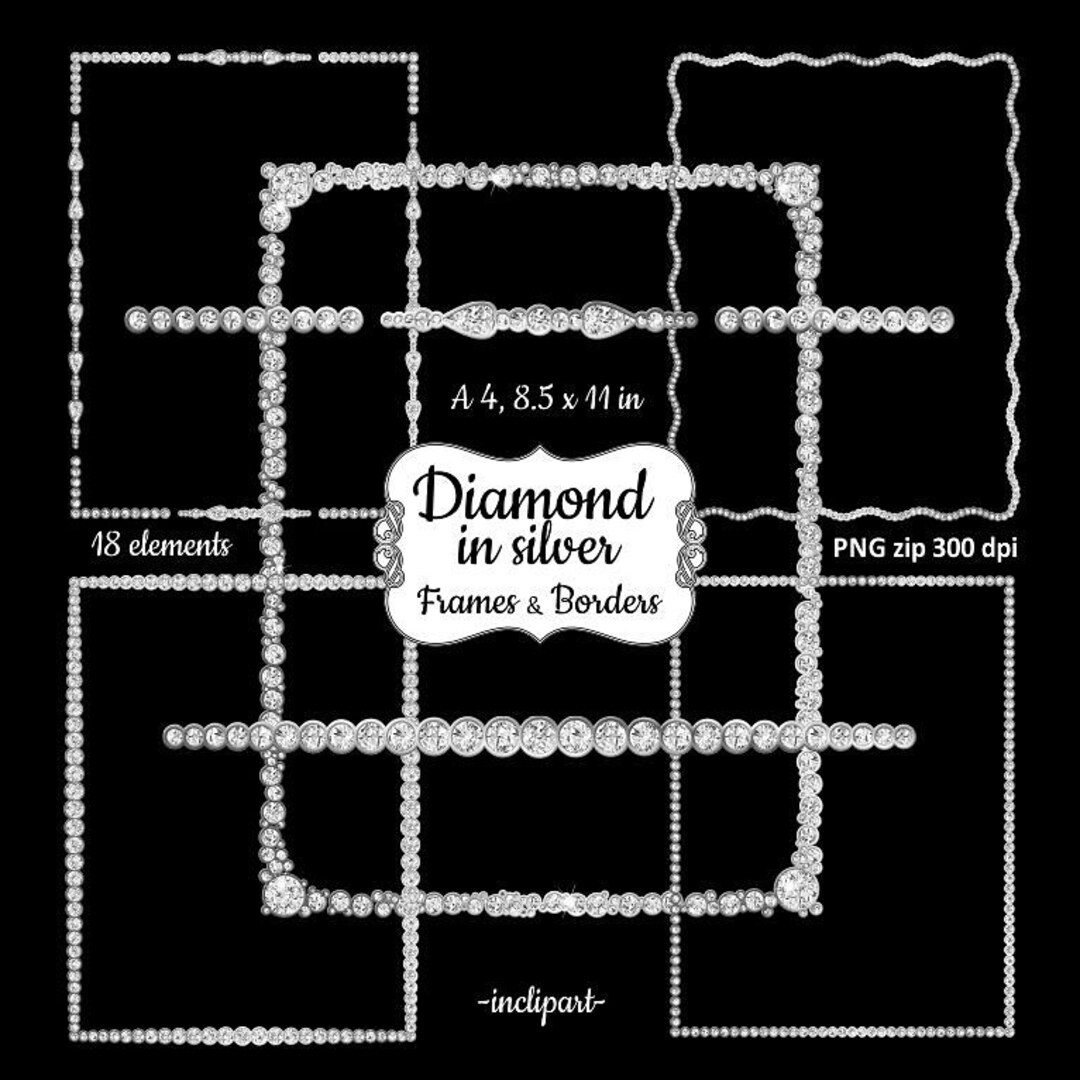 Frame Clipart Diamond Silver. Rhinestone Frame, Border Clipart. Digital