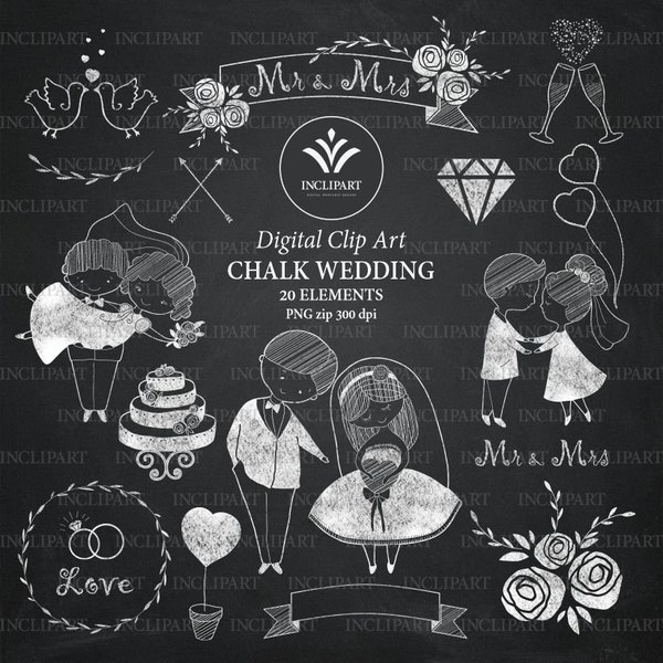 Chalkboard wedding clip art. Set of 20 various cute hand drawn wedding images clipart. Instant download in PNG format. Business use
