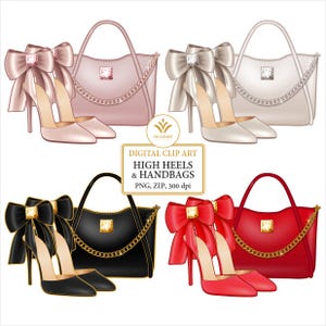 Hoge hak en handtas digitale clipart PNG-bestandsindeling. Dames, meisjes, mode-illustraties. Schoenen met strik, png-stijl. PNG-zip direct downloaden